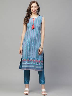 Blue printed art silk kurtas-and-kurtis 1