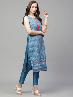 Blue printed art silk kurtas-and-kurtis 3