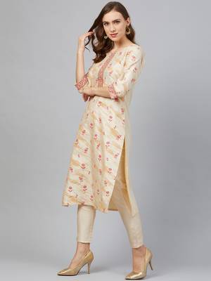 Cream printed art silk kurtas-and-kurtis 3