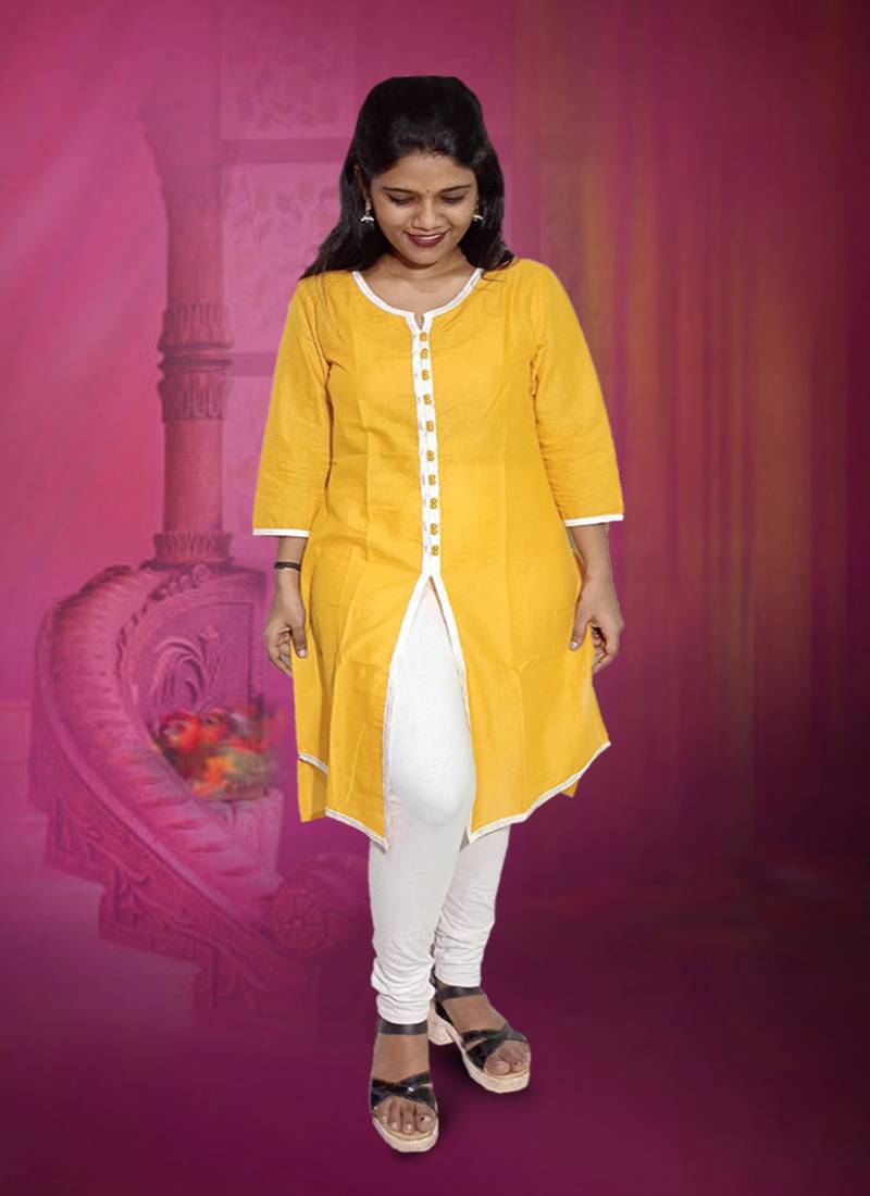 Front Slit Women's Cotton Kurti With Handmade Buttons