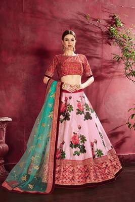 Pink embroidered silk semi stitched lehenga 1