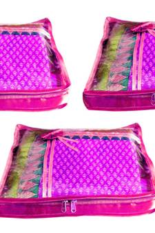 Atorakushon 3 Piece Satin Saree Blouse Cover Wardrobe Cloth Bag Garments Cover Travel Organizer Wedding Gift Pink