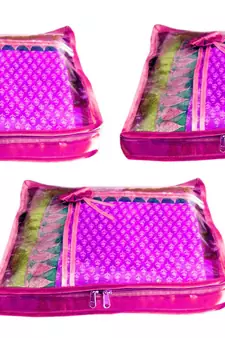 Atorakushon 3 Piece Satin Saree Blouse Cover Wardrobe Cloth Bag Garments Cover Travel Organizer Wedding Gift Pink