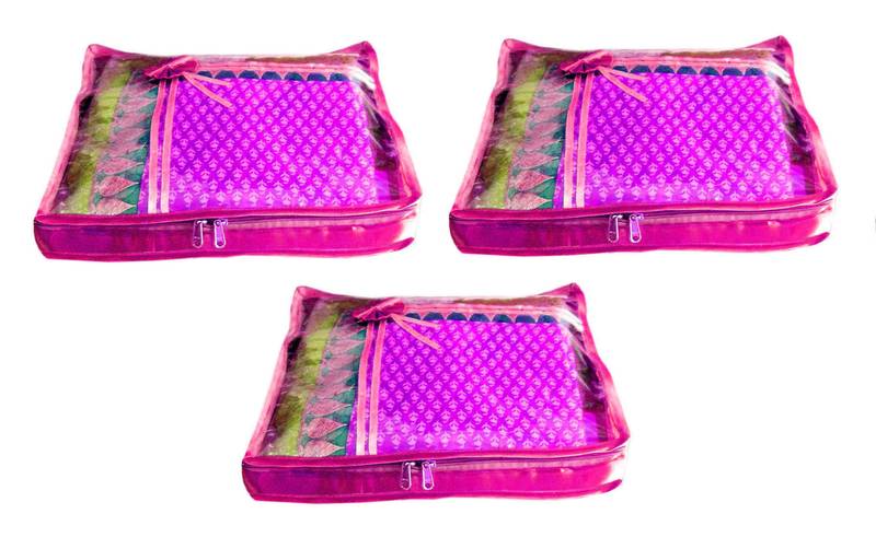 Atorakushon 3 Piece Satin Saree Blouse Cover Wardrobe Cloth Bag Garments Cover Travel Organizer Wedding Gift Pink