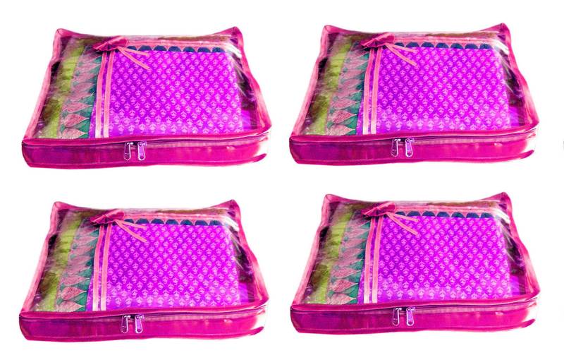 Atorakushon 4Piece Satin Saree Blouse Cover Wardrobe Cloth Bag Garments Cover Travel Organizer Wedding Gift Pink