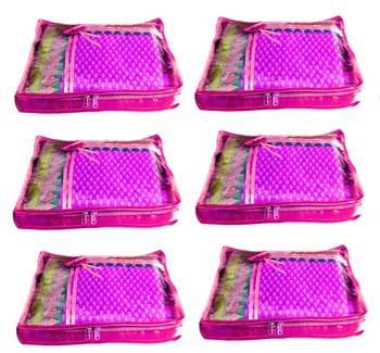Atorakushon 6Piece Satin  Saree Blouse Cover Wardrobe Cloth Bag Garments Cover Travel Organizer Wedding Gift Pink 1
