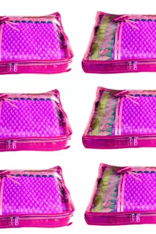 Atorakushon 6Piece Satin  Saree Blouse Cover Wardrobe Cloth Bag Garments Cover Travel Organizer Wedding Gift Pink