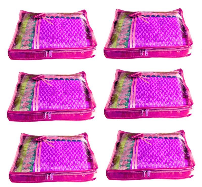 Atorakushon 6Piece Satin  Saree Blouse Cover Wardrobe Cloth Bag Garments Cover Travel Organizer Wedding Gift Pink