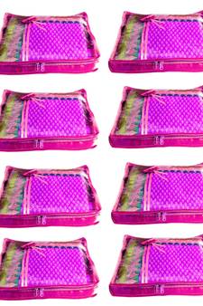 Atorakushon 8Piece Satin  Saree Blouse Cover Wardrobe Cloth Bag Garments Cover Travel Organizer Wedding Gift Pink