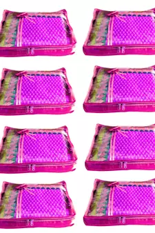 Atorakushon 8Piece Satin  Saree Blouse Cover Wardrobe Cloth Bag Garments Cover Travel Organizer Wedding Gift Pink