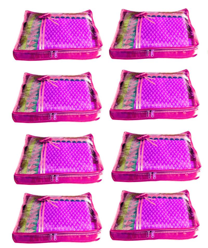 Atorakushon 8Piece Satin  Saree Blouse Cover Wardrobe Cloth Bag Garments Cover Travel Organizer Wedding Gift Pink