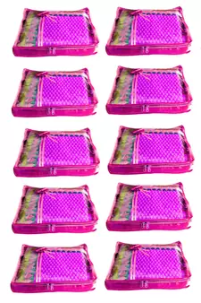 Atorakushon 10Piece Satin Saree Blouse Cover Wardrobe Cloth Bag Garments Cover Travel Organizer Wedding Gift Pink