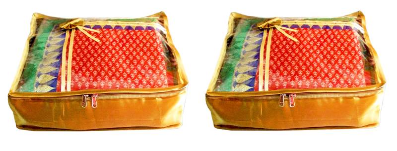 Atorakushon 2PieceSatin  Saree Blouse Cover Wardrobe Cloth Bag Garments Cover Travel Organizer Wedding Gift Gold