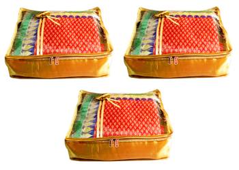 Atorakushon 3Piece Satin  Saree Blouse Cover Wardrobe Cloth Bag Garments Cover Travel Organizer Wedding Gift Gold 1