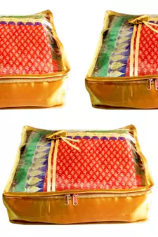 Atorakushon 3Piece Satin  Saree Blouse Cover Wardrobe Cloth Bag Garments Cover Travel Organizer Wedding Gift Gold