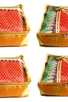 Atorakushon 4Piece Satin  Saree Blouse Cover Wardrobe Cloth Bag Garments Cover Travel Organizer Wedding Gift Gold