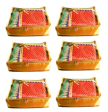 Atorakushon 6Piece Satin  Saree Blouse Cover Wardrobe Cloth Bag Garments Cover Travel Organizer Wedding Gift Gold 1