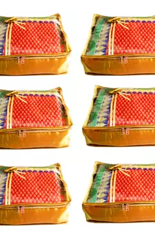 Atorakushon 6Piece Satin  Saree Blouse Cover Wardrobe Cloth Bag Garments Cover Travel Organizer Wedding Gift Gold