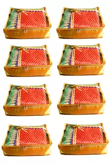Atorakushon 8Piece Satin  Saree Blouse Cover Wardrobe Cloth Bag Garments Cover Travel Organizer Wedding Gift Gold