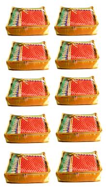 Atorakushon 10Piece Satin  Saree Blouse Cover Wardrobe Cloth Bag Garments Cover Travel Organizer Wedding Gift Gold 1