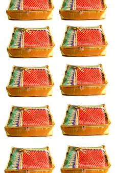 Atorakushon 10Piece Satin  Saree Blouse Cover Wardrobe Cloth Bag Garments Cover Travel Organizer Wedding Gift Gold