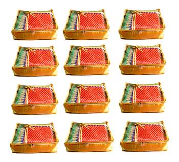 Atorakushon 12Piece Satin  Saree Blouse Cover Wardrobe Cloth Bag Garments Cover Travel Organizer Wedding Gift Gold 1