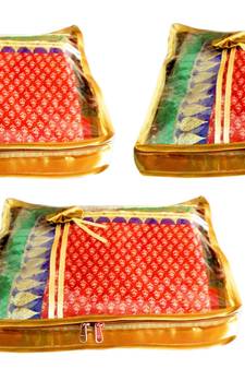 Atorakushon 3Piece Satin  Saree Blouse Cover Wardrobe Cloth Bag Garments Cover Travel Organizer Wedding Gift Gold