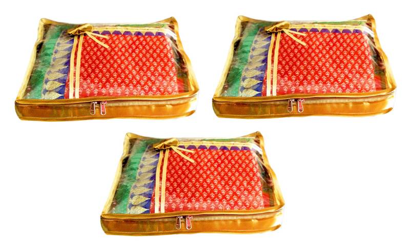 Atorakushon 3Piece Satin  Saree Blouse Cover Wardrobe Cloth Bag Garments Cover Travel Organizer Wedding Gift Gold