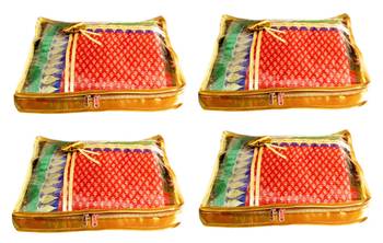 Atorakushon 4Piece Satin  Saree Blouse Cover Wardrobe Cloth Bag Garments Cover Travel Organizer Wedding Gift Gold 1