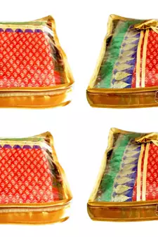 Atorakushon 4Piece Satin  Saree Blouse Cover Wardrobe Cloth Bag Garments Cover Travel Organizer Wedding Gift Gold