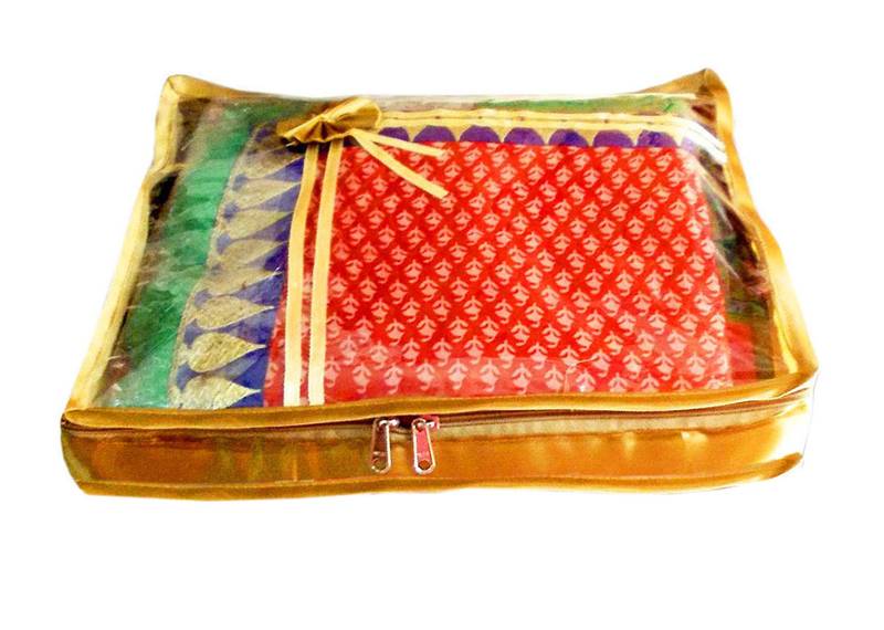 Atorakushon 4Piece Satin  Saree Blouse Cover Wardrobe Cloth Bag Garments Cover Travel Organizer Wedding Gift Gold