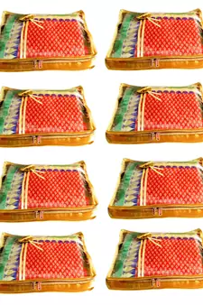 Atorakushon 8Piece Satin  Saree Blouse Cover Wardrobe Cloth Bag Garments Cover Travel Organizer Wedding Gift Gold