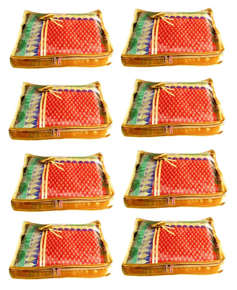 Atorakushon 8Piece Satin  Saree Blouse Cover Wardrobe Cloth Bag Garments Cover Travel Organizer Wedding Gift Gold