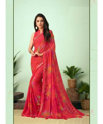 Pink printed Georgette saree with blouse 1