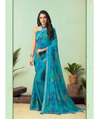 Blue printed Georgette saree with blouse 1
