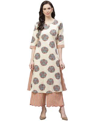 Off-white printed cotton ethnic-kurtis 1