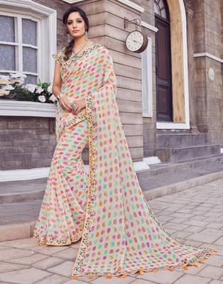 Off white printed silk blend saree with blouse 1