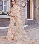 Off white printed silk blend saree with blouse