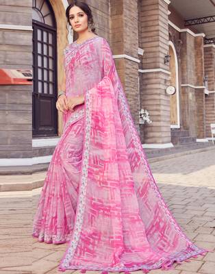 Pink printed silk blend saree with blouse 1