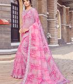 Pink printed silk blend saree with blouse