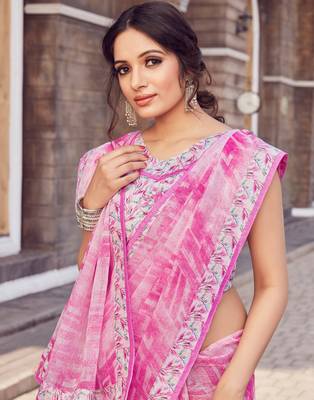 Pink printed silk blend saree with blouse 2