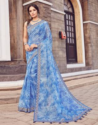 Blue printed silk blend saree with blouse 1