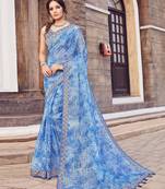 Blue printed silk blend saree with blouse