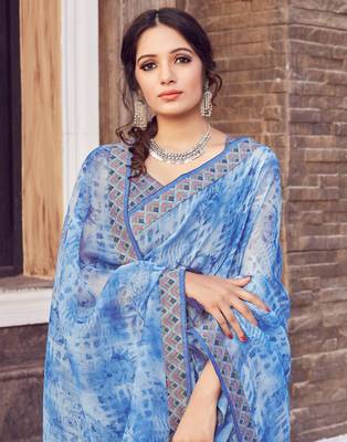 Blue printed silk blend saree with blouse 2