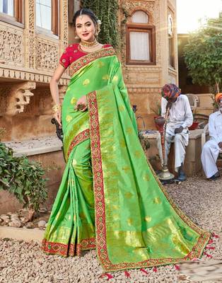 Green embroidered silk blend saree with blouse 1