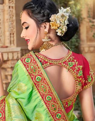 Green embroidered silk blend saree with blouse 2