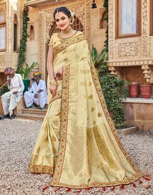 Golden embroidered silk blend saree with blouse 1