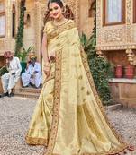 Golden embroidered silk blend saree with blouse