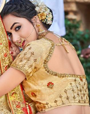 Golden embroidered silk blend saree with blouse 3