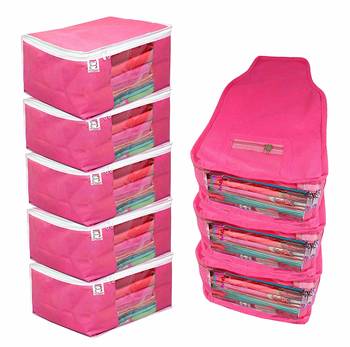 atorakushon   Fabric 5 Saree Cover and 3 Blouse Clothes Storage Bag Wardrobe Garments Organiser (Pink) 1